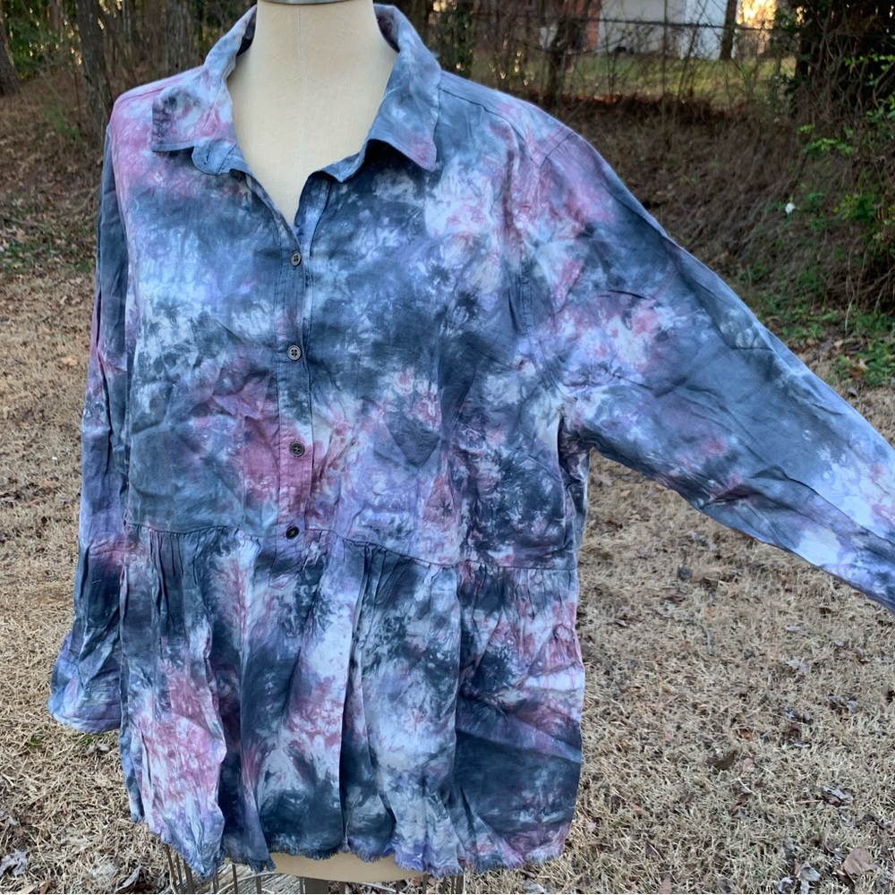 Tie Dye Ruffle Half Button-Up - Picture 12 of 16